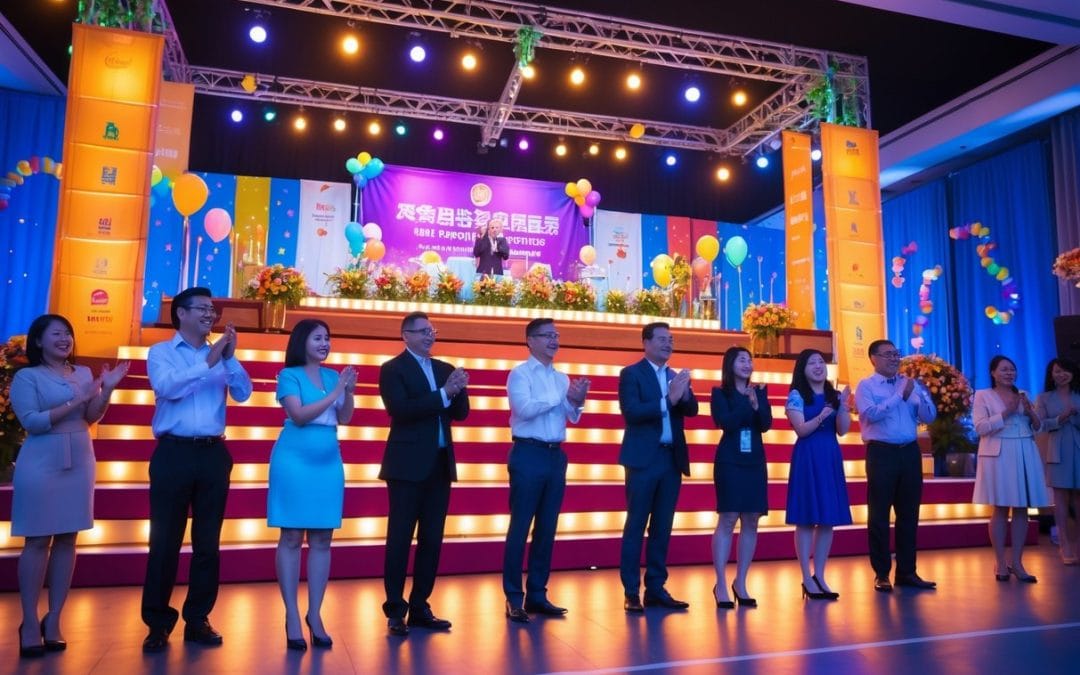 Leg en tribune til festlige indslag til virksomhedens store jubilæumsfest